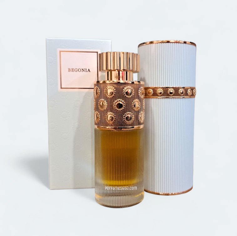 Unisex Begonia perfume bottle by Dar Al Teeb with floral rose and begonia notes, 80ml fragrance for men and women.