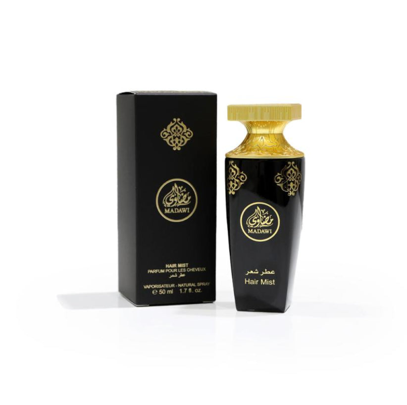 Madawi unisex Arabian Oud perfume bottle with black hair mist design, showcasing elegant fragrance packaging and branding.