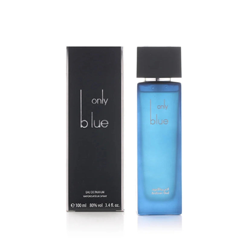 Unisex Only Blue perfume bottle with Arabian Oud fragrance, 100ml, showcasing sleek design and elegant packaging.