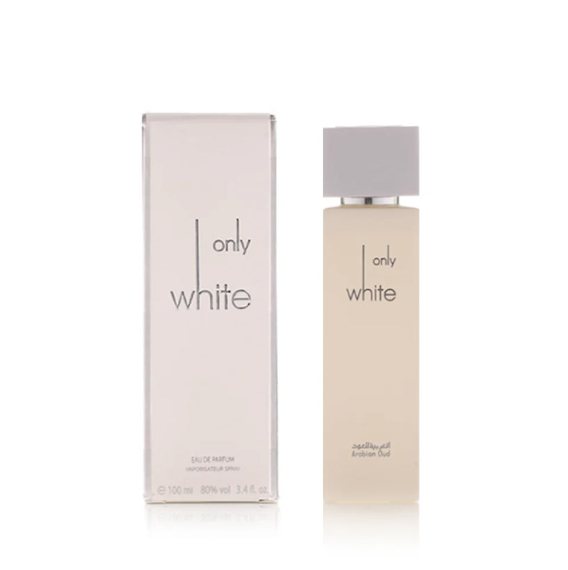 Unisex Only White perfume by Arabian Oud, 100ml fragrance bottle with sleek white design and elegant branding.