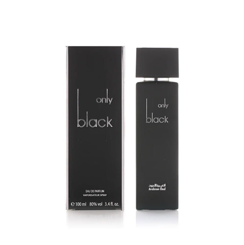 Black perfume bottle for men featuring Arabian Oud scent, 100ml fragrance by Only Black, with sleek black packaging.