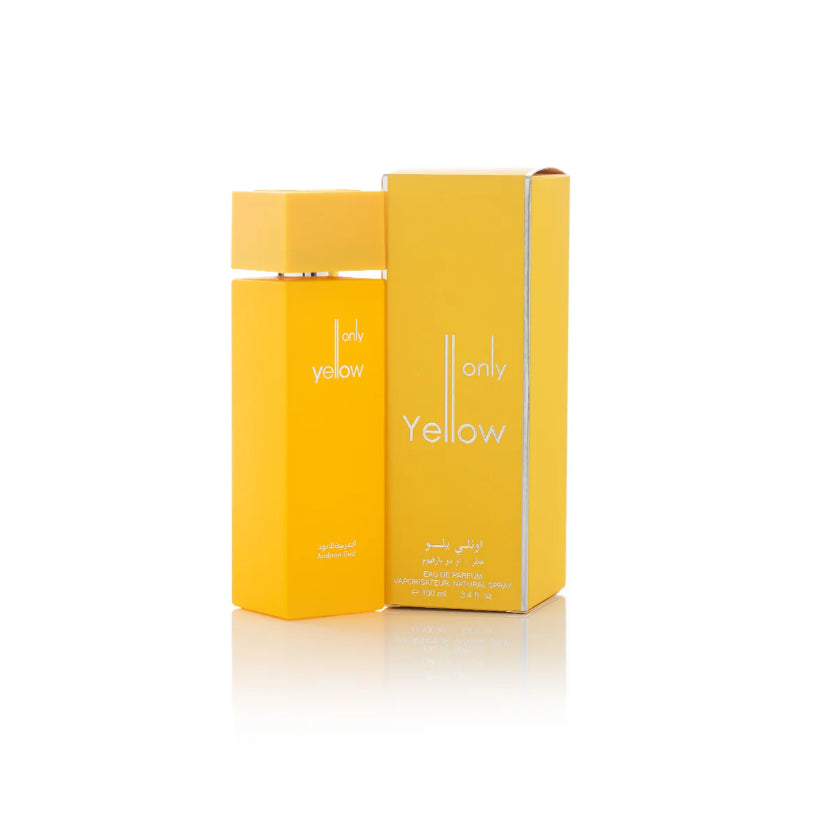 Unisex Only Yellow perfume bottle featuring Arabian Oud fragrance, 100ml, with elegant yellow and gold design.