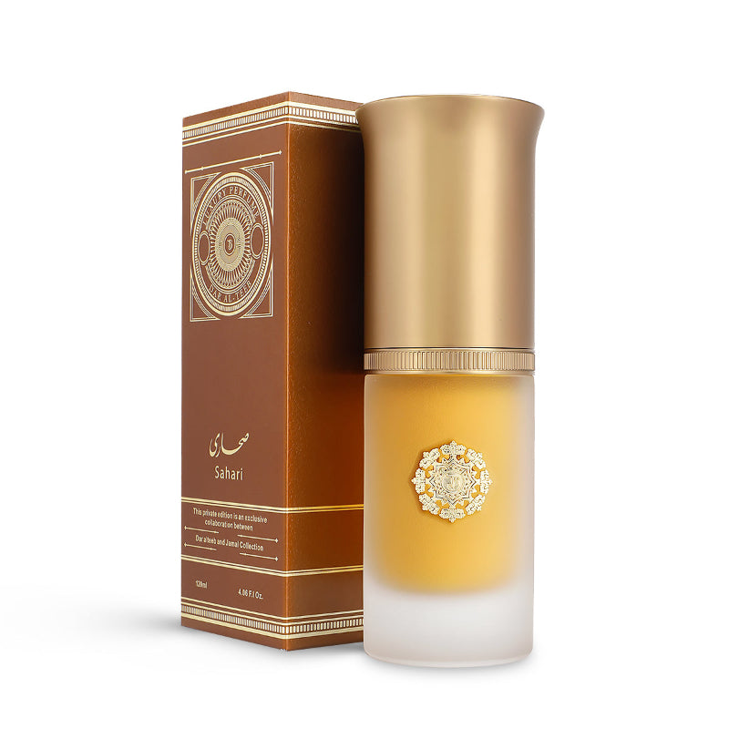 Unisex Sahari Mix perfume bottle, 120ml, from Dar Al Teeb Perfumes, showcasing elegant fragrance design.