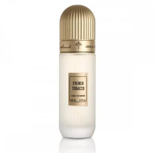French Tobacco 100ml unisex perfume by Ibraheem Al Qurashi, featuring elegant fragrance bottle with intricate design.