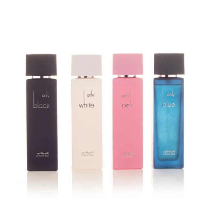Unisex Arabian Oud perfume from Only Collection, 4 x 100ml bottles, displayed without box, showcasing elegant fragrance bottles.