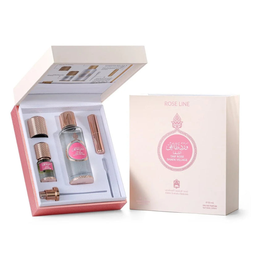 AlShafa Taif Rose fragrance oil and spray by Abdul Samad Al Qurashi, featuring 3ml oil and 50ml spray bottles with rose scent.