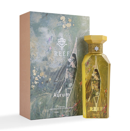 Aurum 150ml perfume by Reef Perfumes, Arabian Fragrance, showcasing the elegant bottle and packaging.