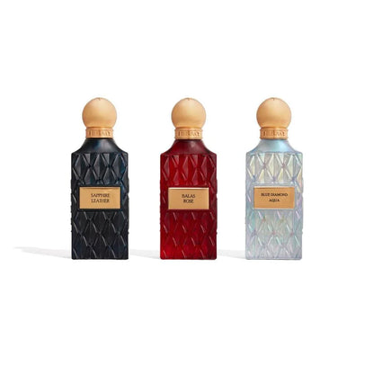 Blue Wish Collection unisex fragrance set with three 75ml bottles by Ibraheem Al Qurashi, featuring elegant blue packaging.