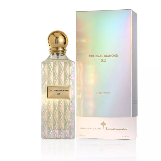 Unisex Cullinan Diamond Iris perfume bottle by Ibraheem Al Qurashi, featuring an elegant floral fragrance design.