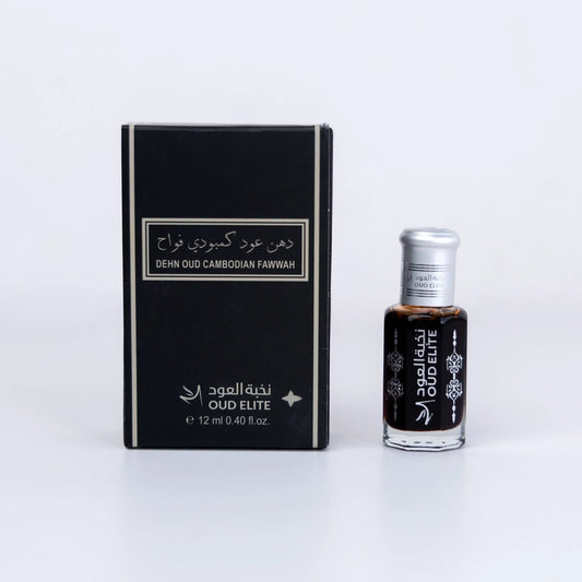 Dehn Oud Cambodian Fawwah oil body oil by Oud Elite Perfumes, featuring rich oud and floral notes in a luxurious bottle.