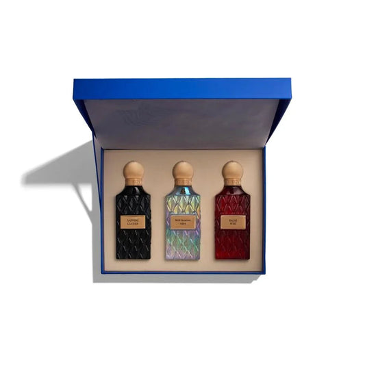 Unisex Blue Wish Collection fragrance set with three 75ml bottles by Ibraheem Al Qurashi, featuring elegant blue packaging.
