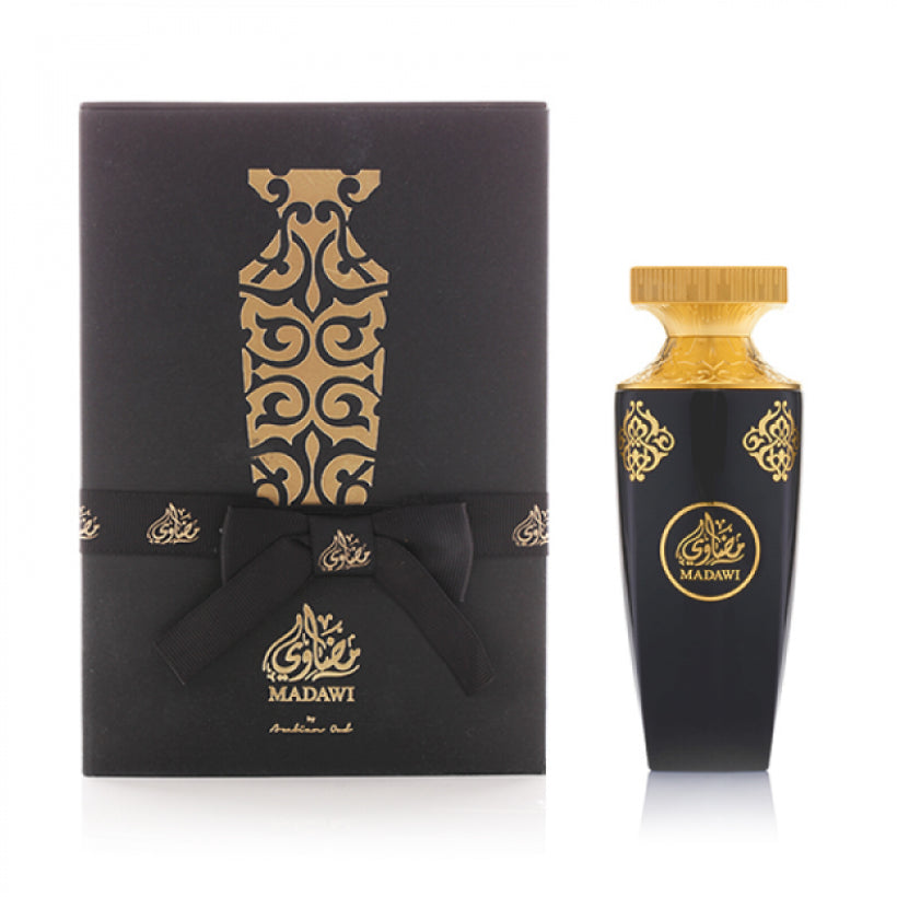 Black Madawi unisex Arabian Oud perfume bottle, showcasing elegant fragrance design and sleek packaging.