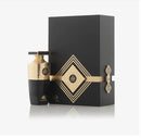 Madawi Gold unisex perfume bottle with gold accents, showcasing Arabian Oud fragrance in a 100ml elegant glass bottle.