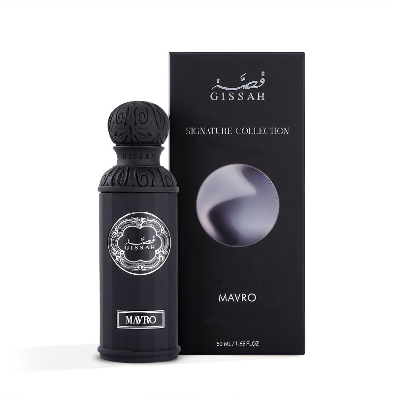 Unisex Mavro fragrance bottle by Gissah Perfumes, 50ml glass perfume with a sleek design and elegant packaging.