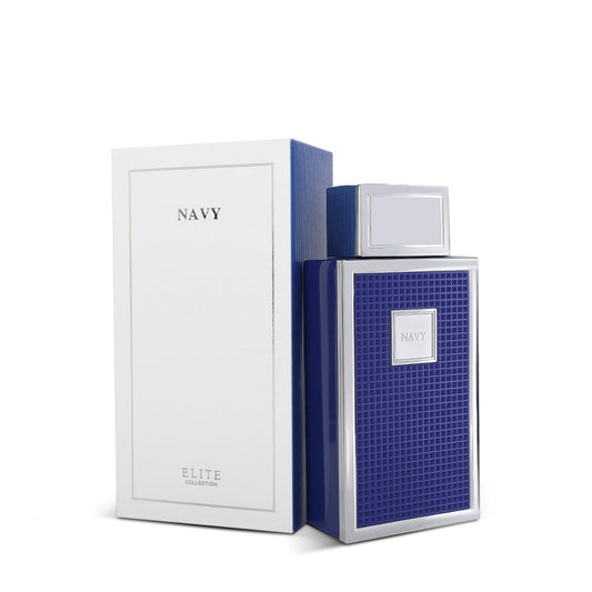 Unisex navy fragrance bottle from Dar Al Teeb's Elite Collection, 80ml perfume with elegant navy packaging.