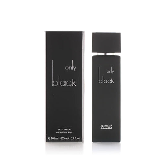 Black perfume bottle for men featuring Arabian Oud scent, 100ml fragrance by Only Black, with sleek black packaging.