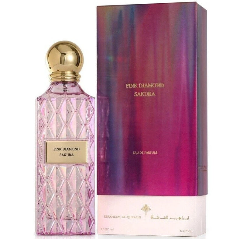 Discover Pink Diamond Sakura Perfume by Ibraheem Al Qurashi. A luxurious blend of peony, orange blossom, and mandarin with heart notes of rose, lily, and cherry blossom. Finished with sandalwood, white musk, and amber for a long-lasting floral oriental scent.