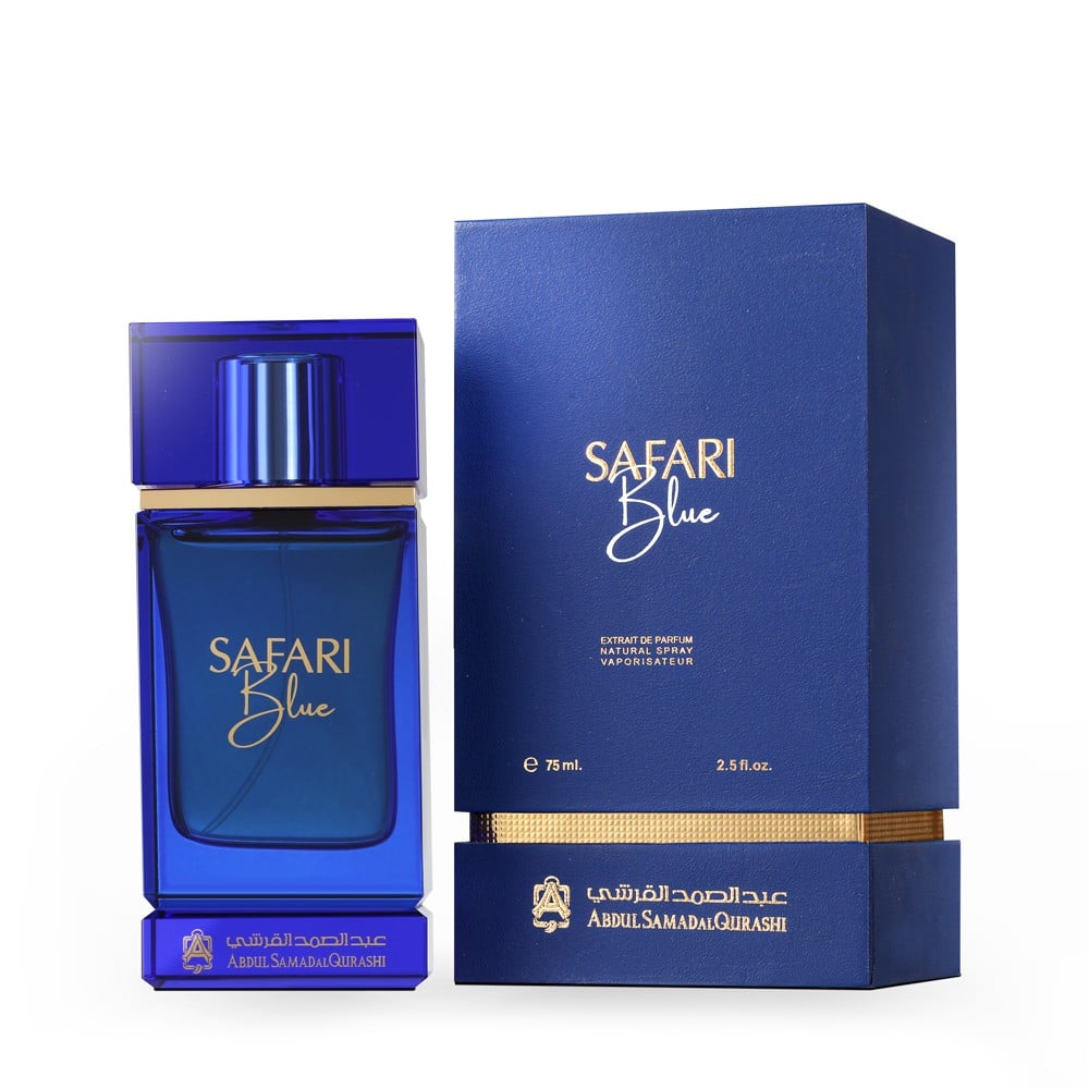 Unisex Safari Blue perfume bottle by Abdul Samad Al Qurashi, 75ml fragrance with a sleek blue design.