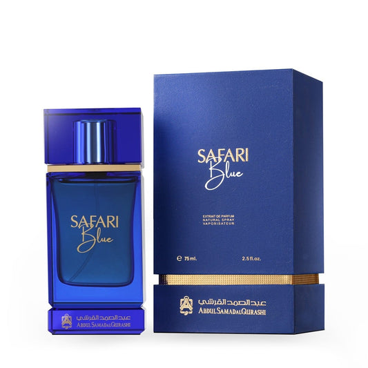 Unisex Safari Blue perfume bottle by Abdul Samad Al Qurashi, 75ml fragrance with a sleek blue design.