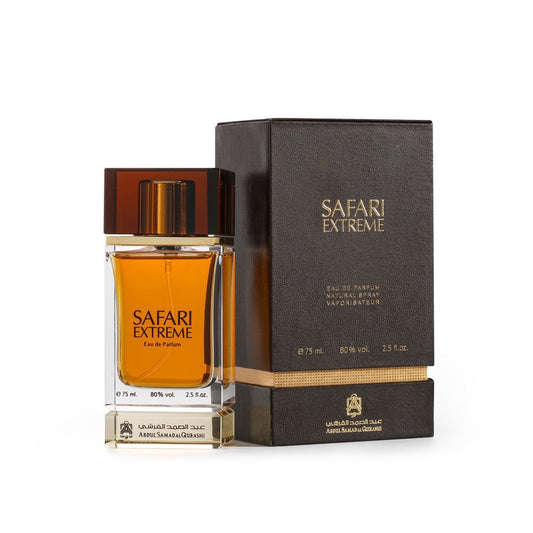 Safari Extreme 75ml men's fragrance by Abdul Samad Al Qurashi, featuring a sleek bottle with a luxurious design.