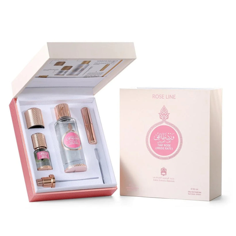 Taif Rose bridal fragrance set with 3ml rose oil and 50ml spray from Abdul Samad Al Qurashi, featuring elegant floral packaging.