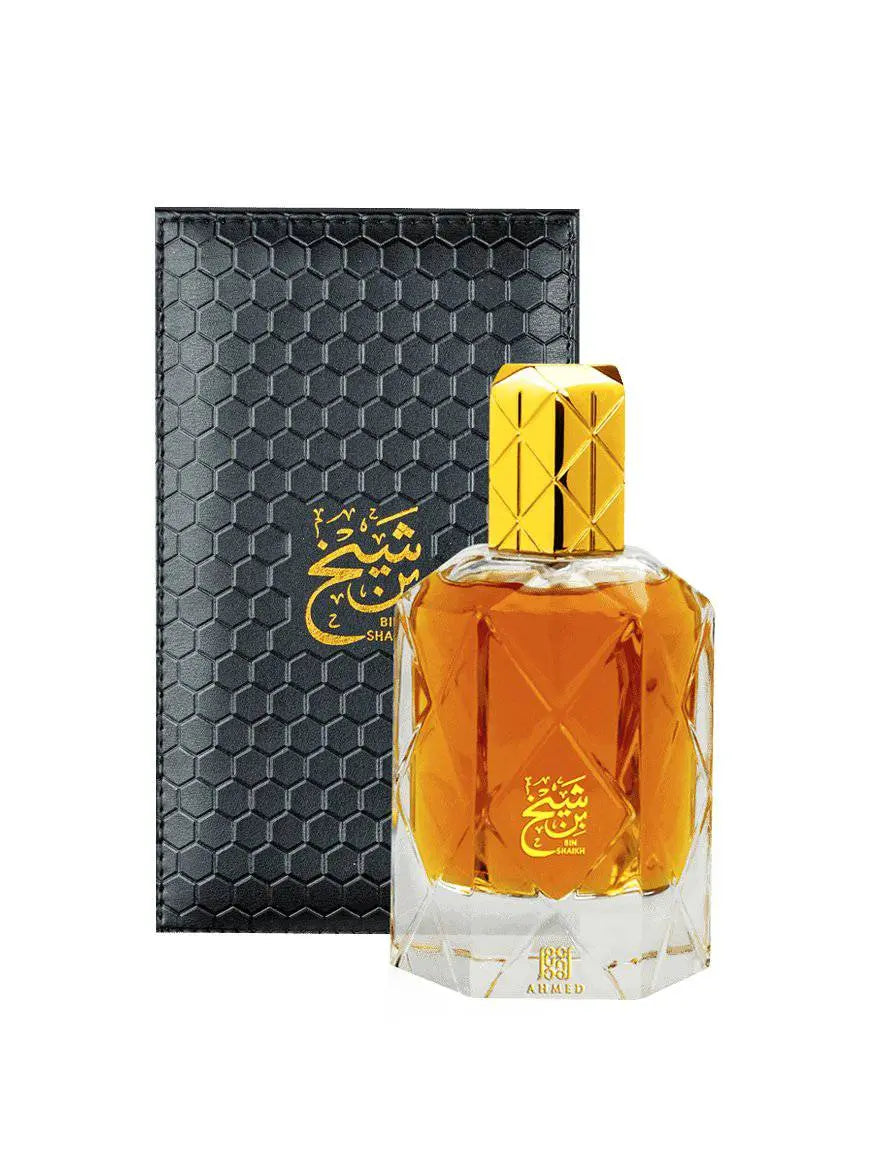 Bin Shaikh perfume 90ml for men by Ahmed Al Maghribi, a unisex fragrance bottle with elegant design.