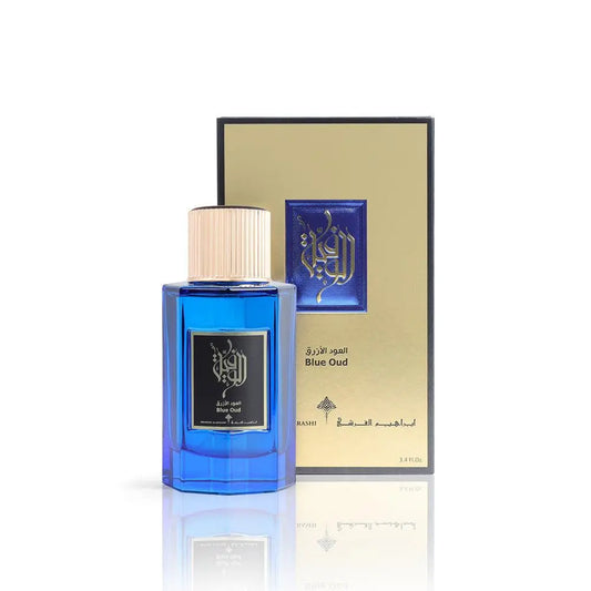 Blue Oud perfume spray 100ml by Ibraheem Al Qurashi, a unisex fragrance with a blue-colored bottle and elegant design.