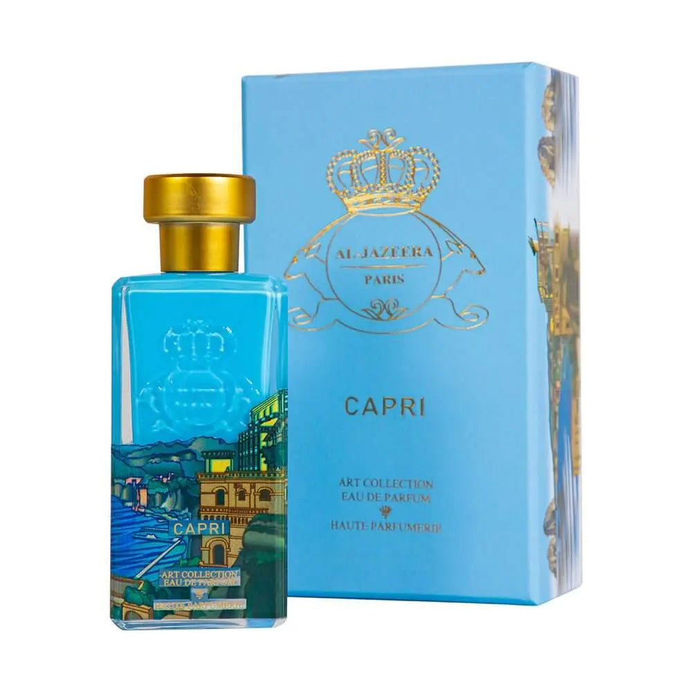 Capri Perfume 60ml unisex fragrance by Al Jazeera Perfumes featuring elegant bottle design and vibrant branding.