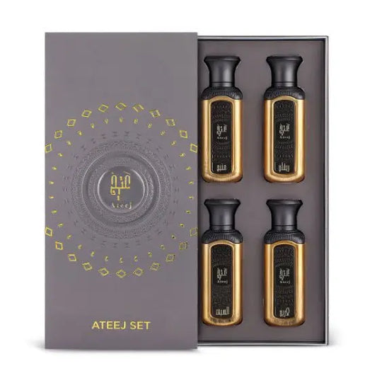 A set of four 50ml spray perfume bottles from Ateej Mini Set for unisex fragrance collection, featuring elegant packaging and design.
