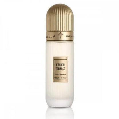 French Tobacco 100ml unisex perfume by Ibraheem Al Qurashi, featuring elegant fragrance bottle with intricate design.