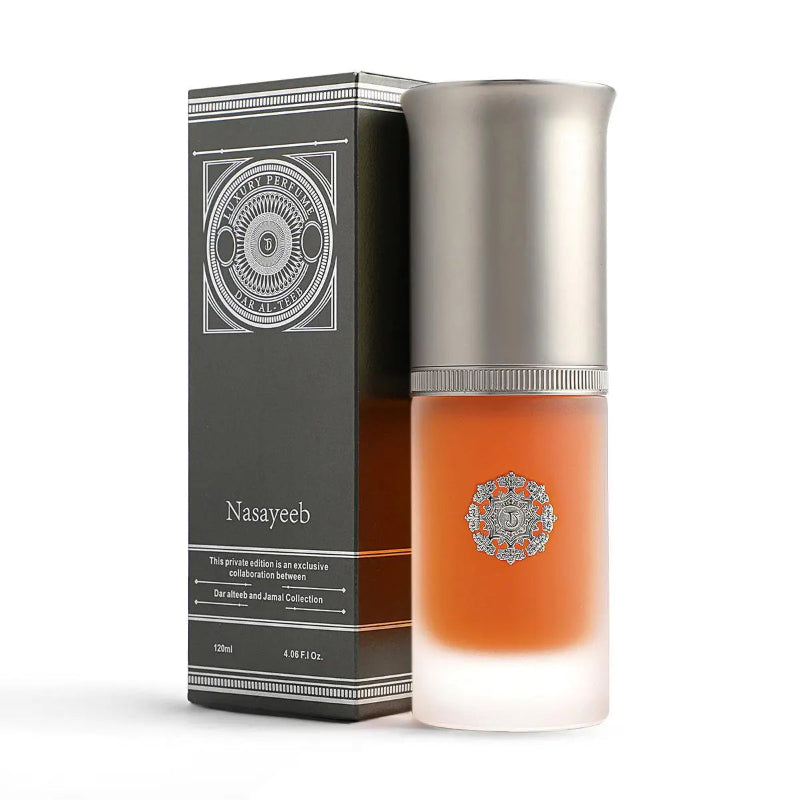 Nasayeeb perfume spray for men, 120ml by Dar Al Teeb, showcasing the elegant fragrance bottle.
