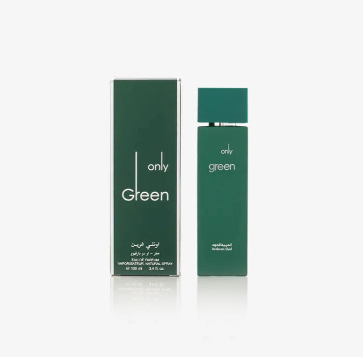 Unisex Arabian Oud fragrance bottle by Arabian Fragrance, 100ml, with sleek green design and elegant cap.