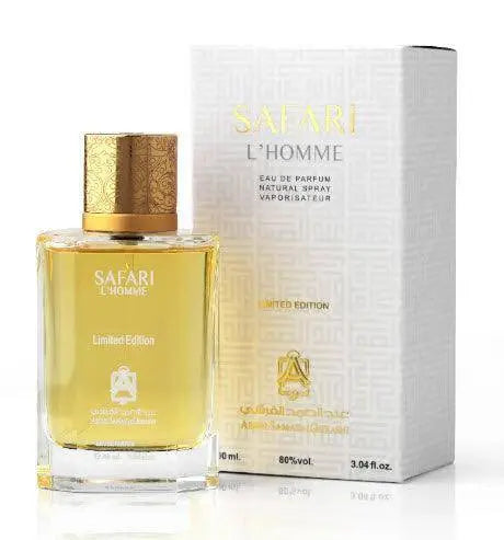 Safari Homme perfume for men by Abdul Samad Al Qurashi, 90ml spray bottle, elegant fragrance bottle with modern design.